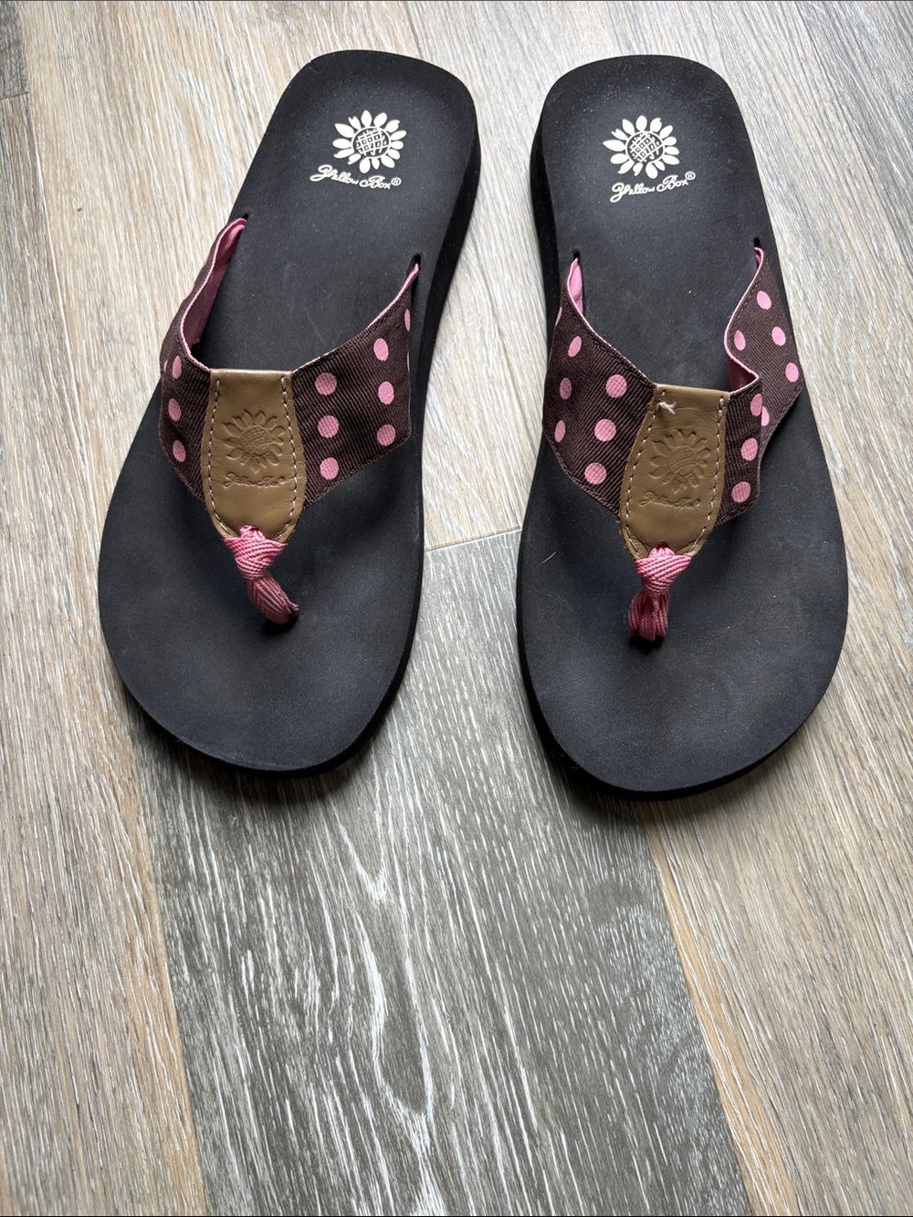 Yellow Box Black Footbed Pink Polka Dot Strap Sandals